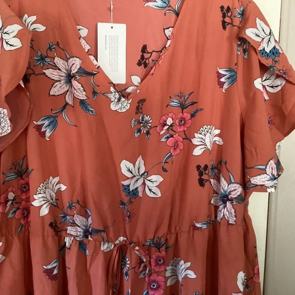 BloomChic Dark Peach Floral Tulip Sleeve Elastic Waist V~Neck Dress 28 - Picture 3 of 6